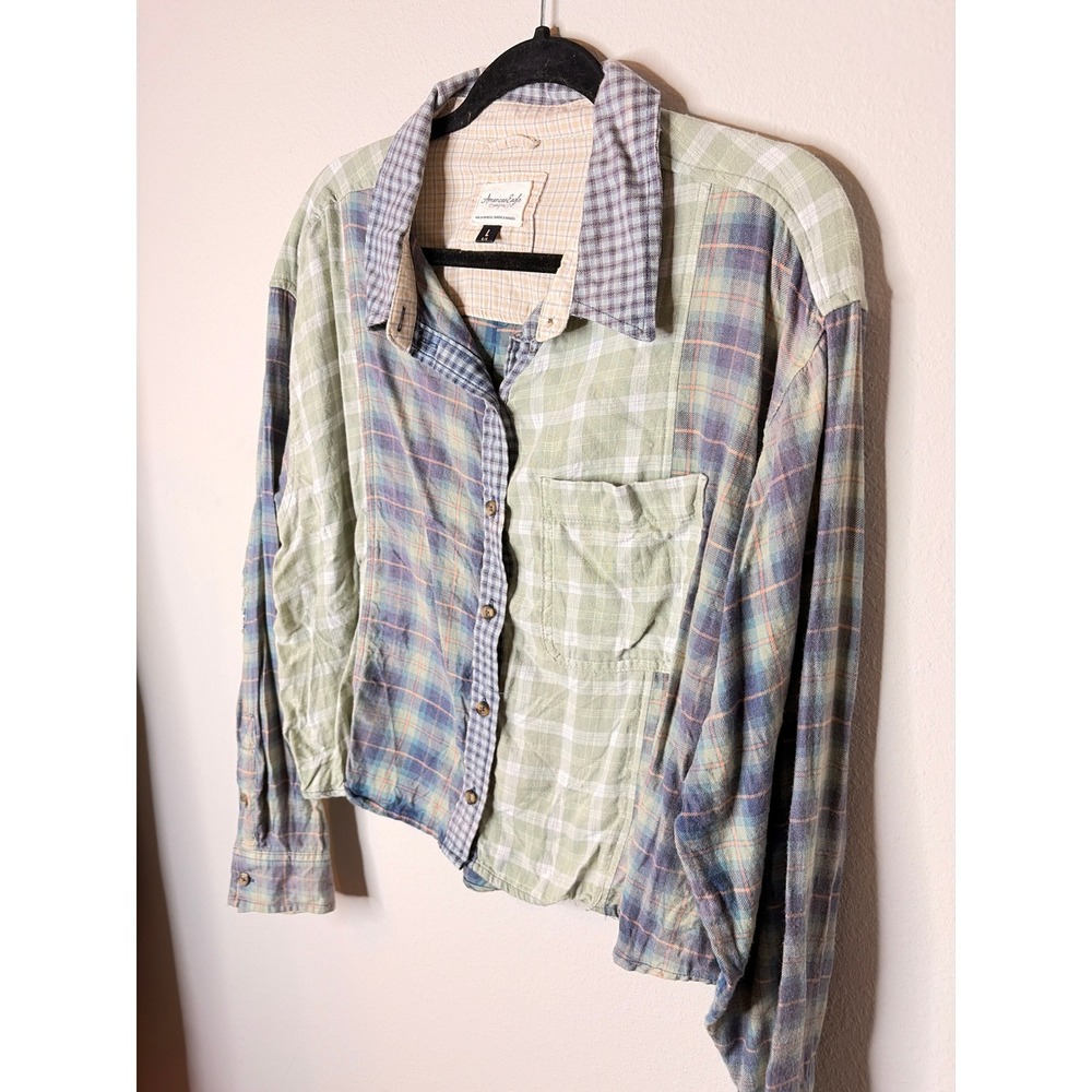 American Eagle Mixed Plaid Patchwork Cropped Button Down Flannel Large - Picture 3 of 10
